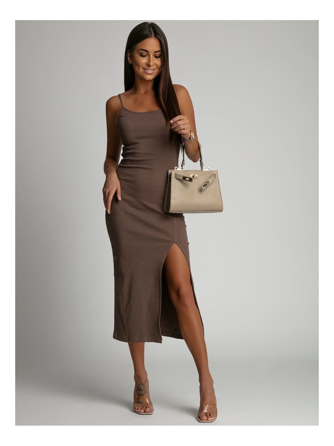 Midikleid mit Cappuccino-Schlitz FG667 – Online-Shop – Boutique